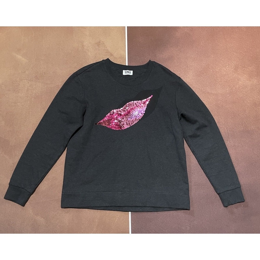 Sonia Rykiel Sequined Lips Cotton‎ Sweatshirt Dark Grey Comfort Size M Iconic